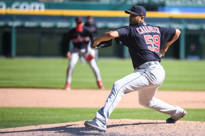 Sep 20, 2020; Detroit, Michigan, USA; Cleveland Indians starting pitcher Carlos Carrasco (59) during the game against the Detroit Tigers at Comerica Park. Mandatory Credit: Tim Fuller-USA TODAY Sports